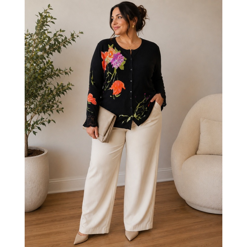 Elizabeth Black Floral Sequin Cardigan Crochet Cuffs Sz XL Romantic Cottagecore